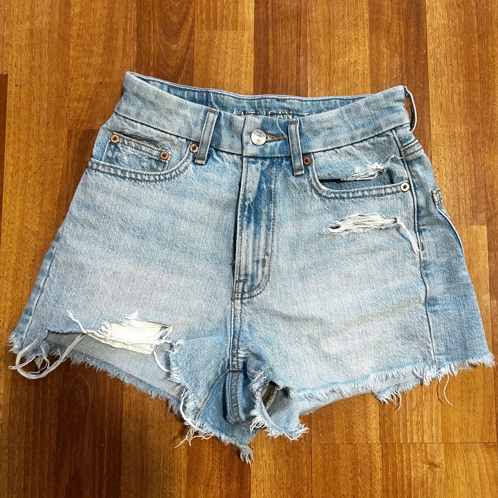 American Eagle Curvy High-Waisted Ripped Light Wash Denim Short